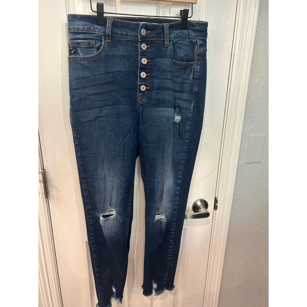 KanCan Skinny Jeans Blue High Rise Button Fly Distressed Frayed Hem w1182